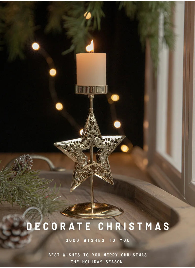 Christmas Golden Wrought Iron Candlestick Star Elk Christmas Tree Candle Holder Merry Christmas New Year Table Decoration