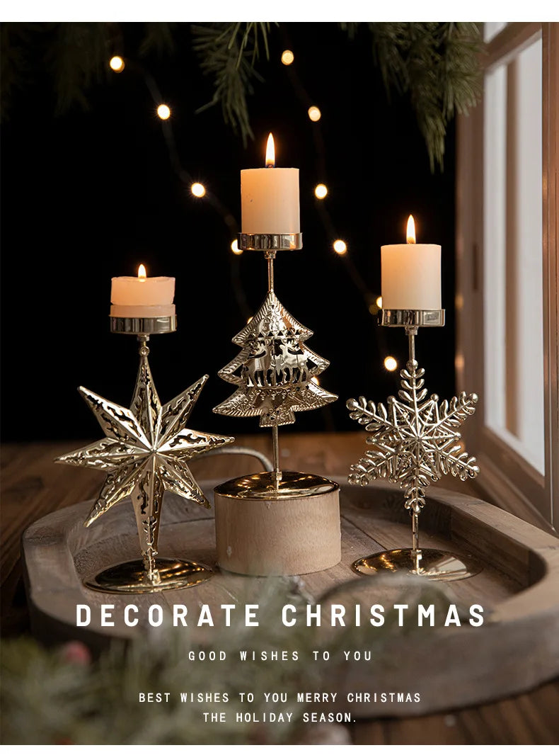 Christmas Golden Wrought Iron Candlestick Star Elk Christmas Tree Candle Holder Merry Christmas New Year Table Decoration