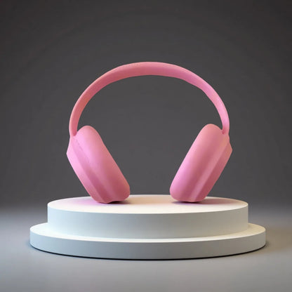 Pink headphones on a white platform with a dark background