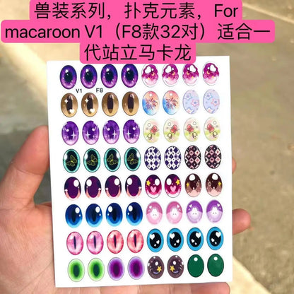 Sheet of colorful eye stickers held by a hand with text in the background.