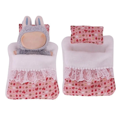For 17cm Labubu Doll Accessories Sleeping Bag Cute Lace Style Doll Quilts Pillow Flower Strawberry Soft Doll Decoration Toys
