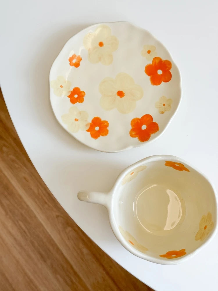 Ceramic Mugs Cute Hand Pinched Irregular Flower Heart Pattern Coffee Cup Ins Style Drinkware Kitchen Breakfast Milk Tea Cups