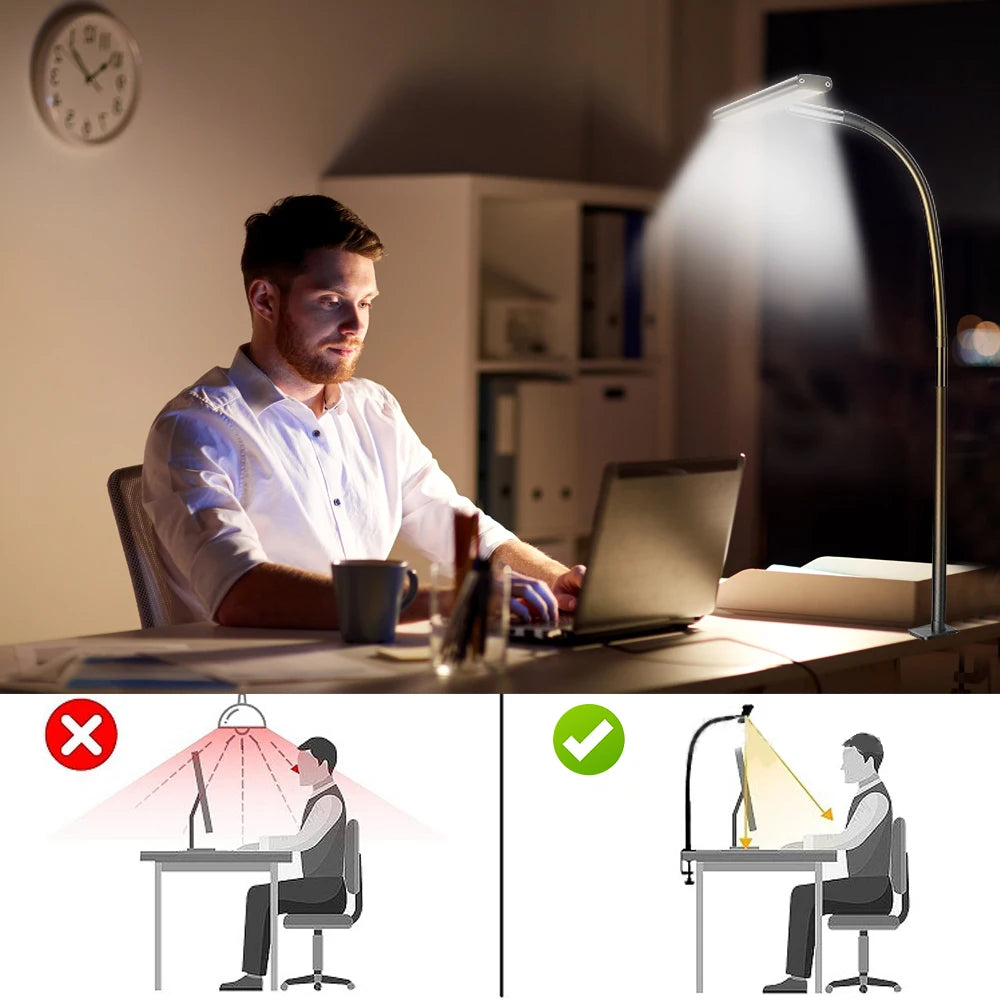 LED Desk Lamp Double Head Steoless Dimming Eye-Caring Home Reading Lights 3 Color Mode Flexible Adjustable PC Office Table Lamps