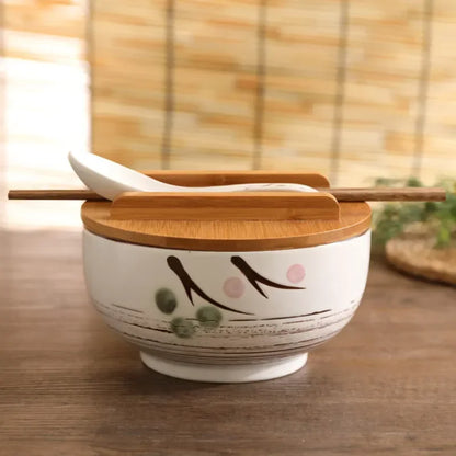 Japanese Style Rice Noodle Bowl with Lid Spoon and Chopstick Kitchen Tableware Ceramic Salad Soup Bowl Food Container Dinnerware
