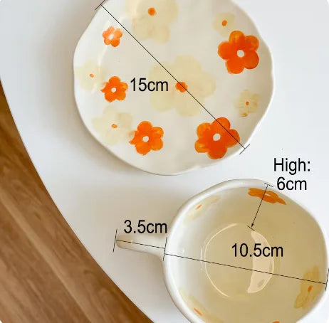 Flower Pattern Ceramic Cup Korean Style Saucer Set Hand Pinched Irregular Coffee Milk Cup Afternoon Tea Tableware Gifts for Home