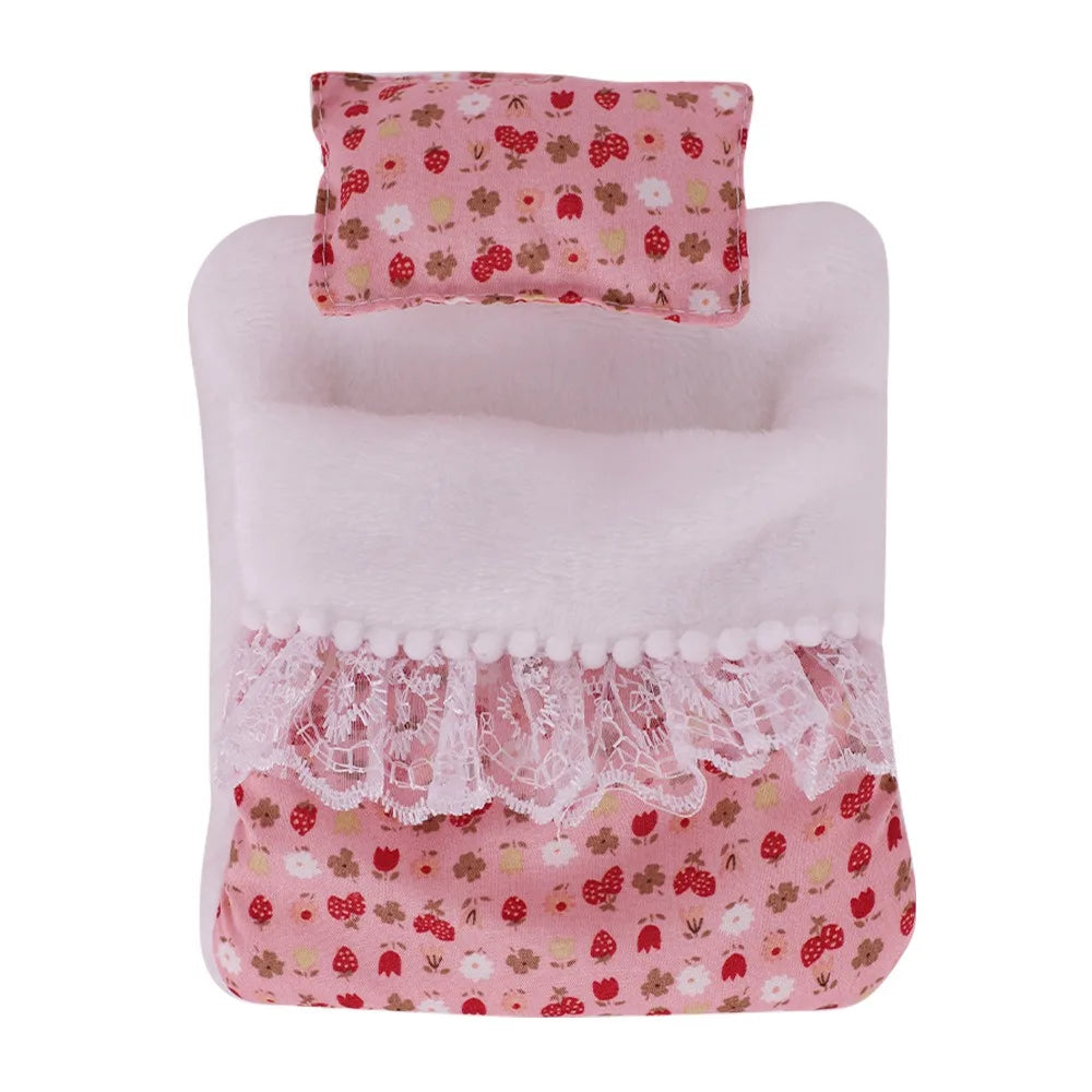 For 17cm Labubu Doll Accessories Sleeping Bag Cute Lace Style Doll Quilts Pillow Flower Strawberry Soft Doll Decoration Toys