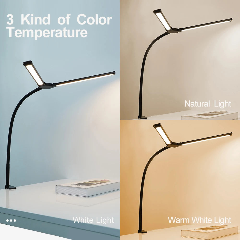 LED Desk Lamp Double Head Steoless Dimming Eye-Caring Home Reading Lights 3 Color Mode Flexible Adjustable PC Office Table Lamps