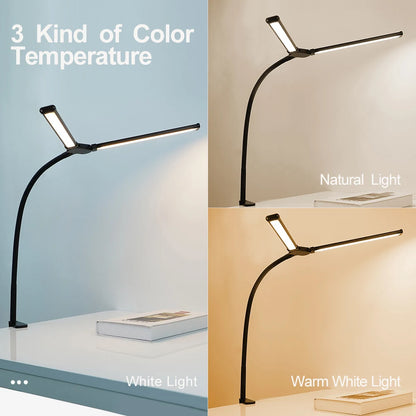 LED Desk Lamp Double Head Steoless Dimming Eye-Caring Home Reading Lights 3 Color Mode Flexible Adjustable PC Office Table Lamps