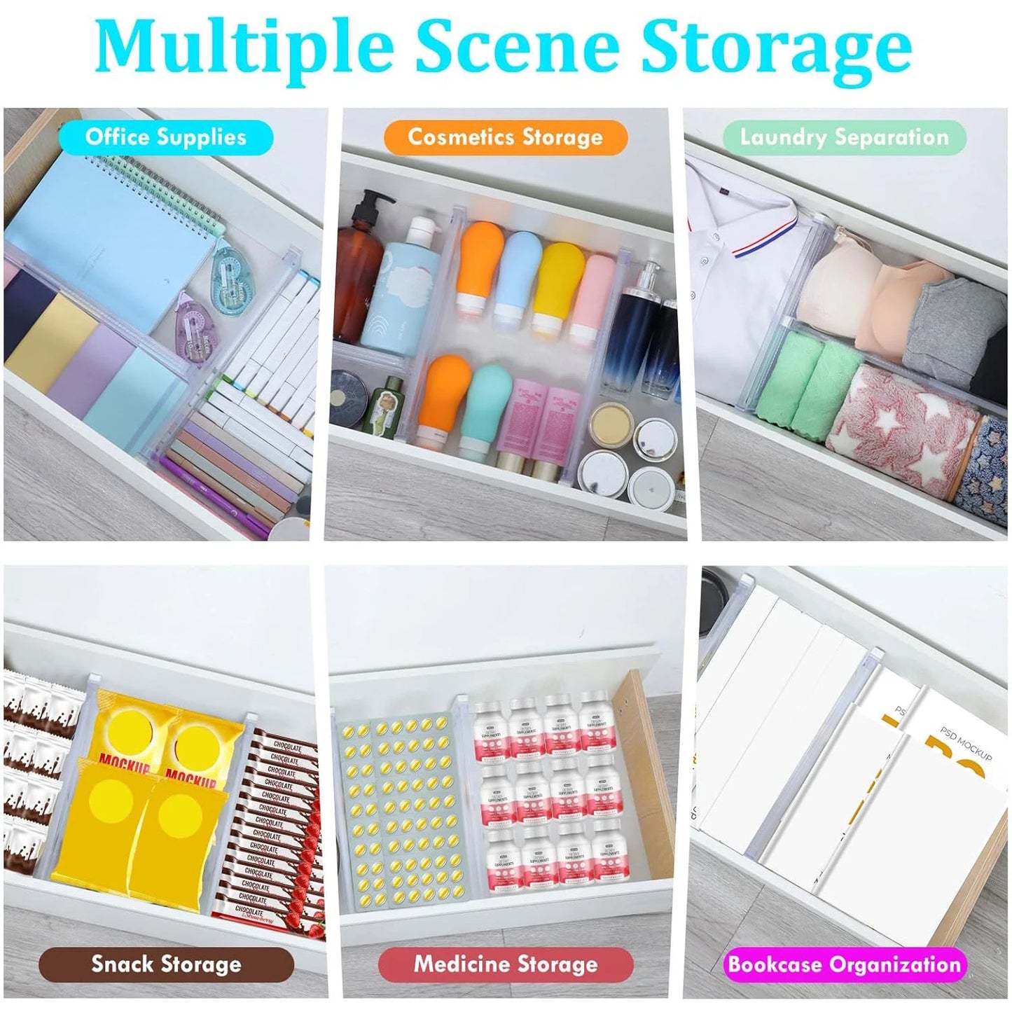 Drawer Dividers, 12 pack Adjustable Drawer Organizer, Clear Expandable Dresser Organizer for Clothes Kitchen Utensils Storage