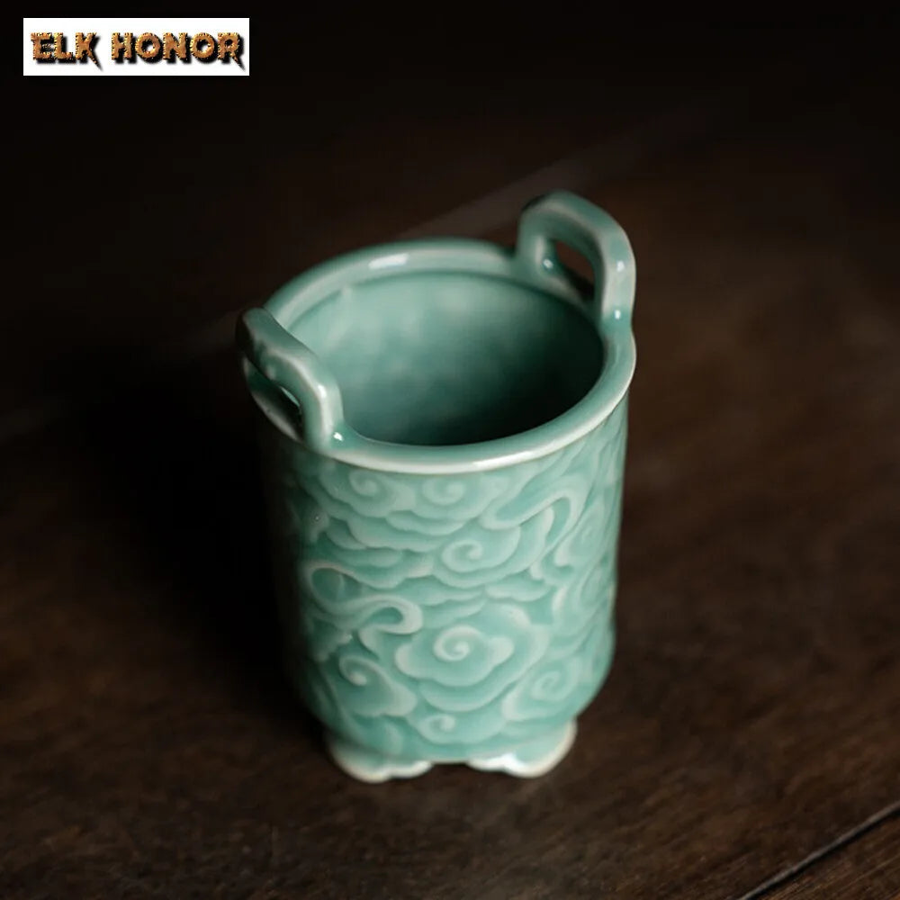 Yue Kiln Celadon Incense Burner Relief Cloud Tripod Art Agarwood Vertical Line Insert Seat Aromatherapy Furnace Home Decoration