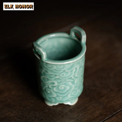 Yue Kiln Celadon Incense Burner Relief Cloud Tripod Art Agarwood Vertical Line Insert Seat Aromatherapy Furnace Home Decoration