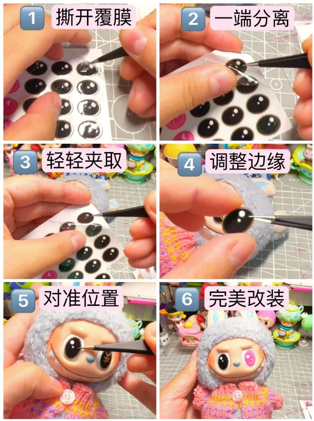 Step-by-step tutorial on applying decorative elements to a character figure using tweezers.