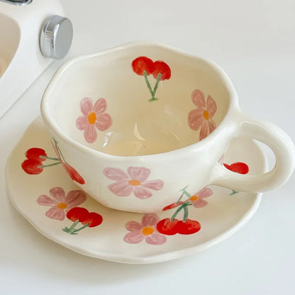 Flower Pattern Ceramic Cup Korean Style Saucer Set Hand Pinched Irregular Coffee Milk Cup Afternoon Tea Tableware Gifts for Home