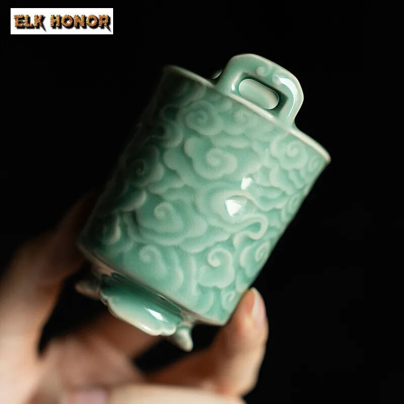 Yue Kiln Celadon Incense Burner Relief Cloud Tripod Art Agarwood Vertical Line Insert Seat Aromatherapy Furnace Home Decoration