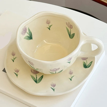 Flower Pattern Ceramic Cup Korean Style Saucer Set Hand Pinched Irregular Coffee Milk Cup Afternoon Tea Tableware Gifts for Home