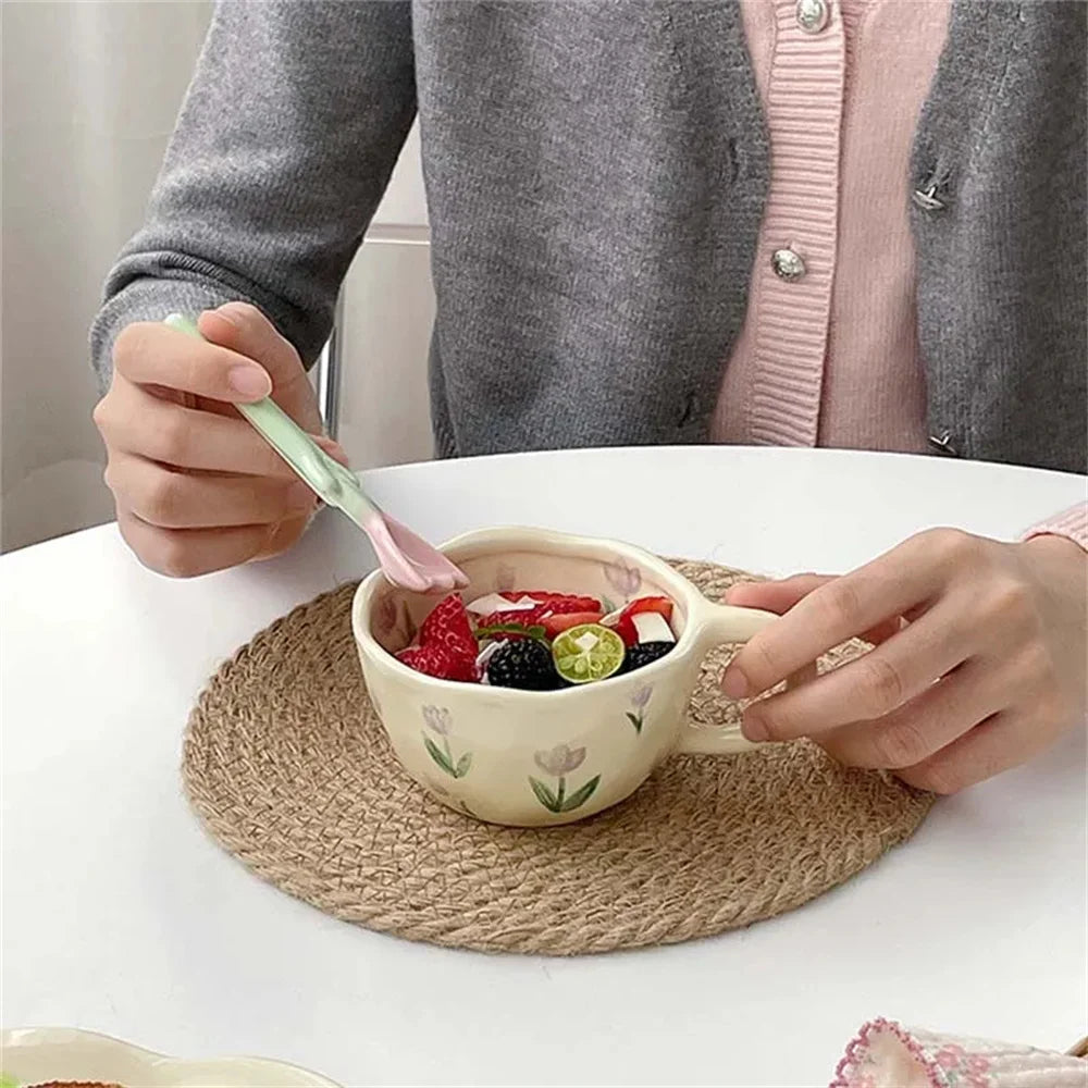 Ceramic Mugs Coffee Cups Hand Pinched Irregular Flower Milk Tea Cup Ins Korean Style Oatmeal Breakfast Mug Drinkware Kitchen