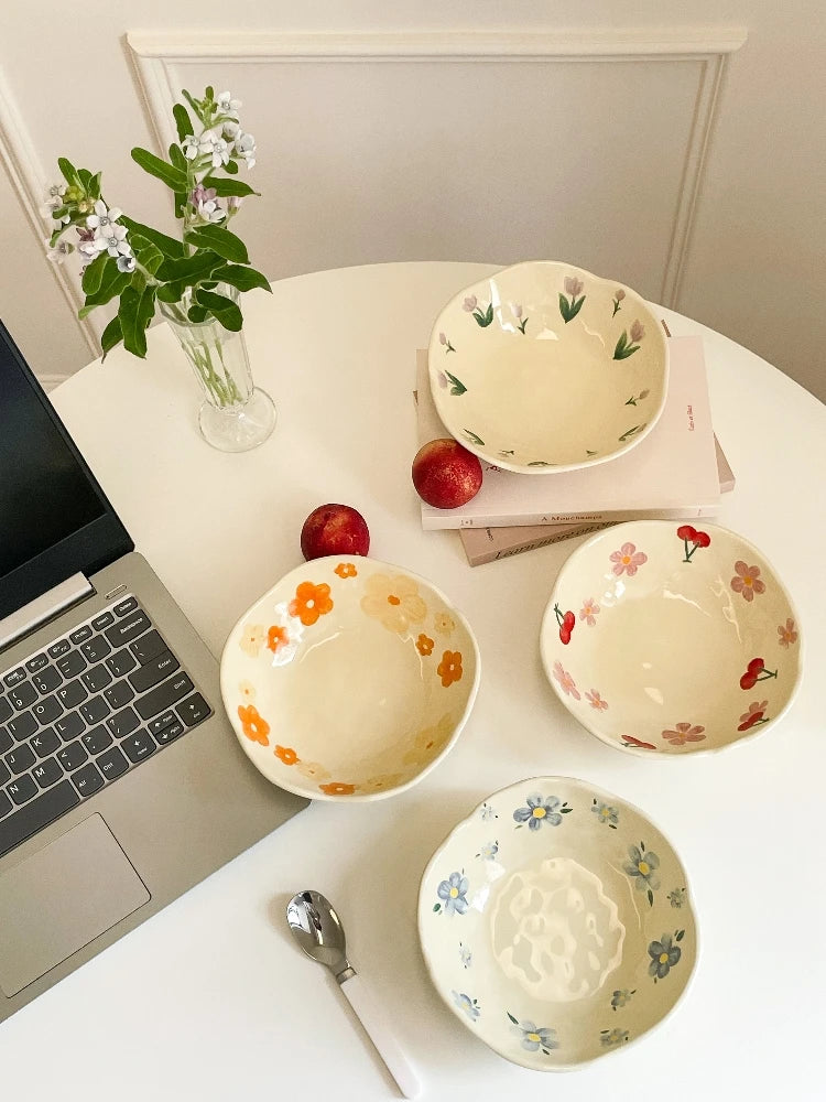 1PCS Ceramic Salad Bowl Hand Pinched Irregular Ins Korean Style Cream Yellow Yogurt Bowl Oatmeal Breakfast Plates Flower Bowl
