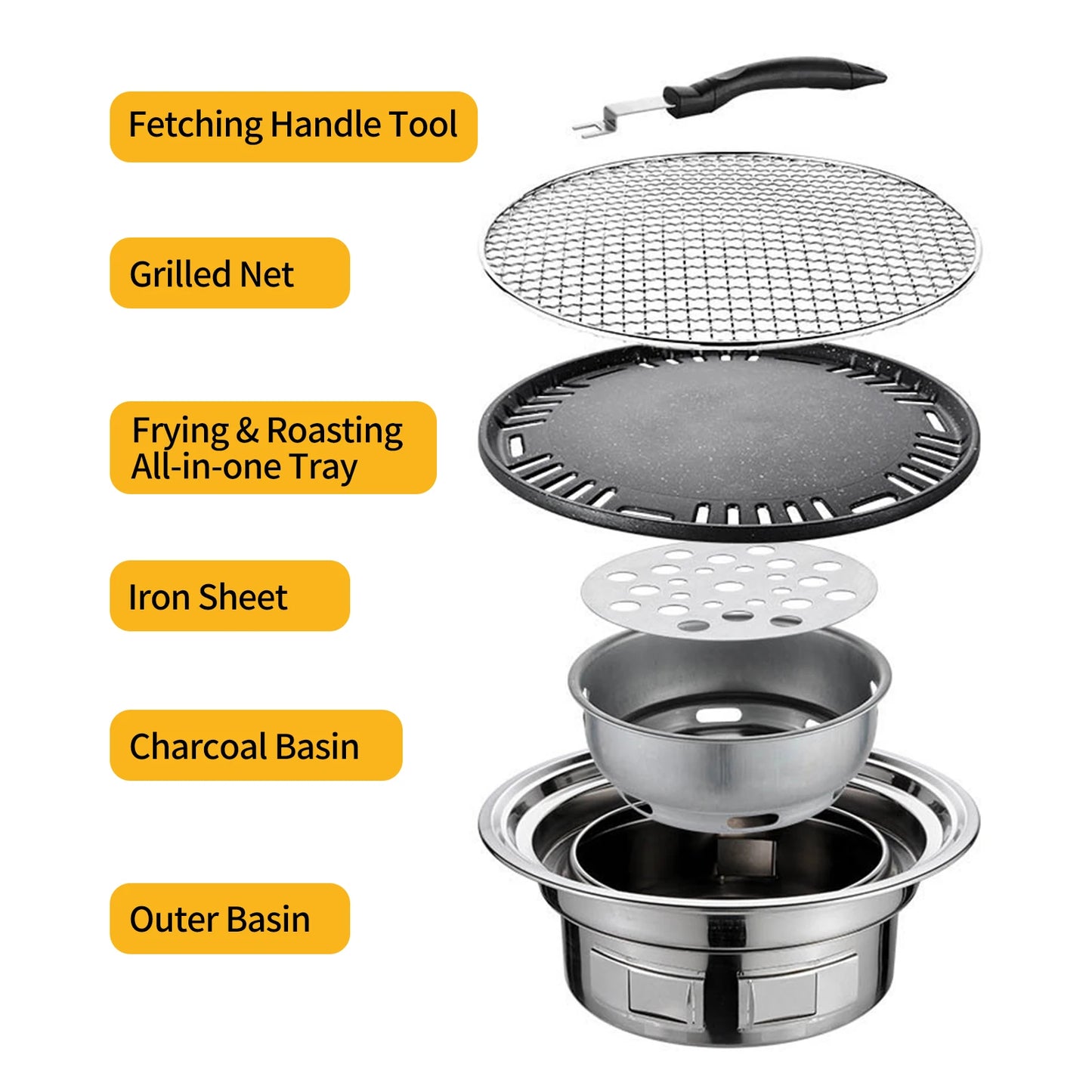 13 Inch Korean BBQ Grill Multifunctional Charcoal Barbecue Grill Round Camping Grill Stove Tabletop Smoker Grill Grilled Net & Tray
