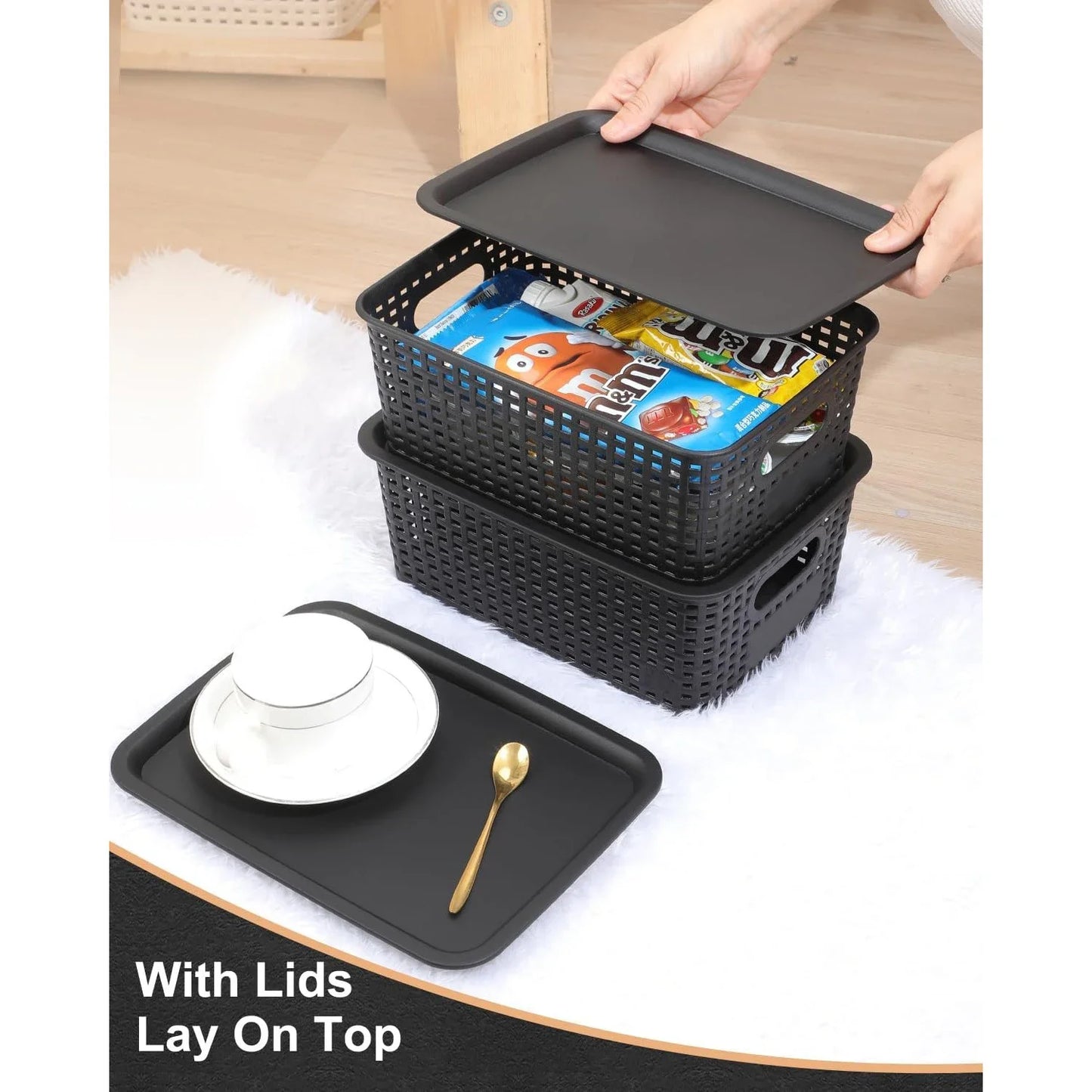 6 Pack Plastic Storage Box Hollowed Out Side Woven Simple Storage Organizer Basket, Home Goods Kitchen Sundry Boxes