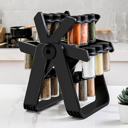 360° Rotating Spice Rack with 18 Glass Spice Jar Set Convenient Salt and Pepper Shakers Seasoning Organizer Kitchen Supplies