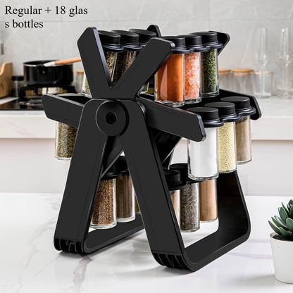 360° Rotating Spice Rack with 18 Glass Spice Jar Set Convenient Salt and Pepper Shakers Seasoning Organizer Kitchen Supplies