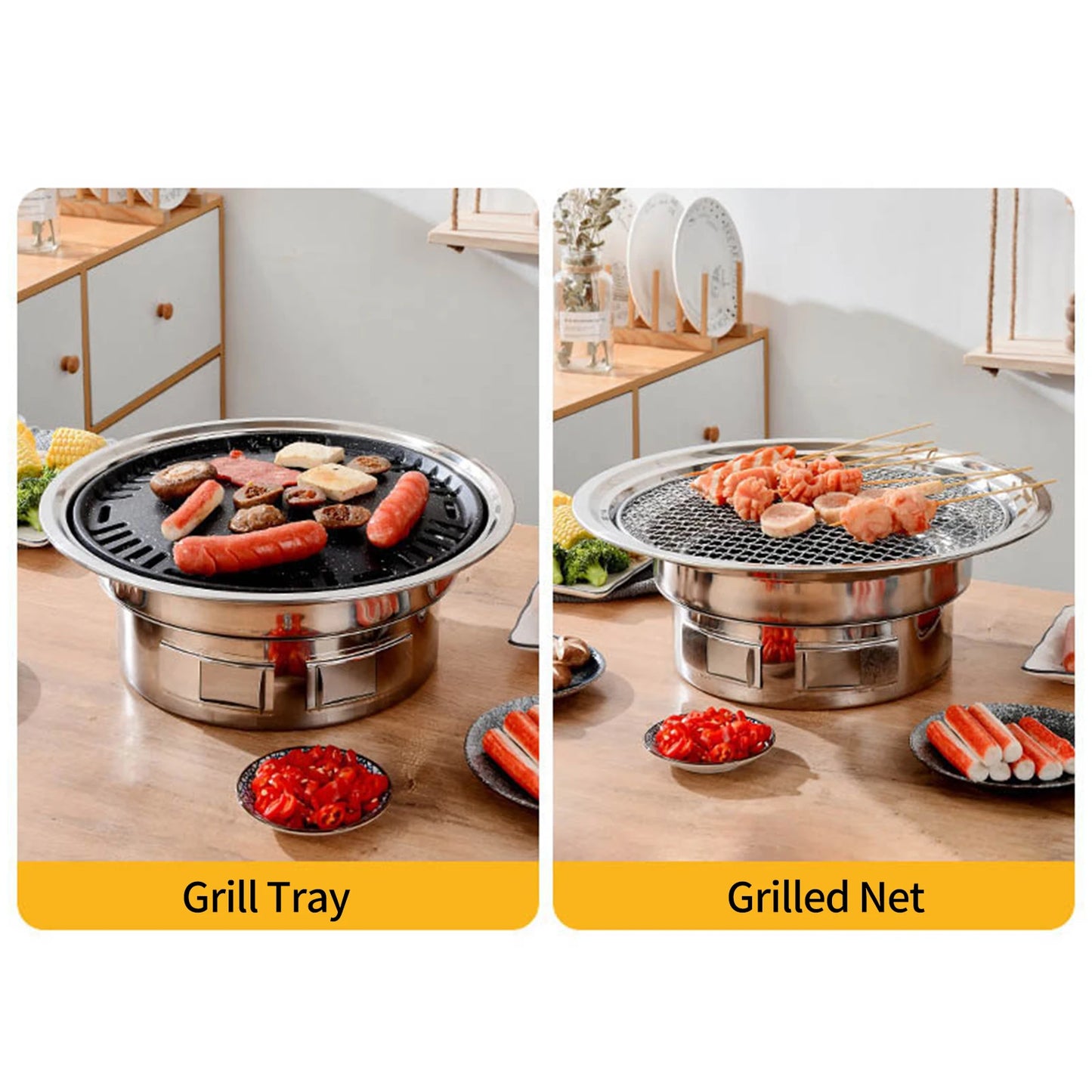 13 Inch Korean BBQ Grill Multifunctional Charcoal Barbecue Grill Round Camping Grill Stove Tabletop Smoker Grill Grilled Net & Tray