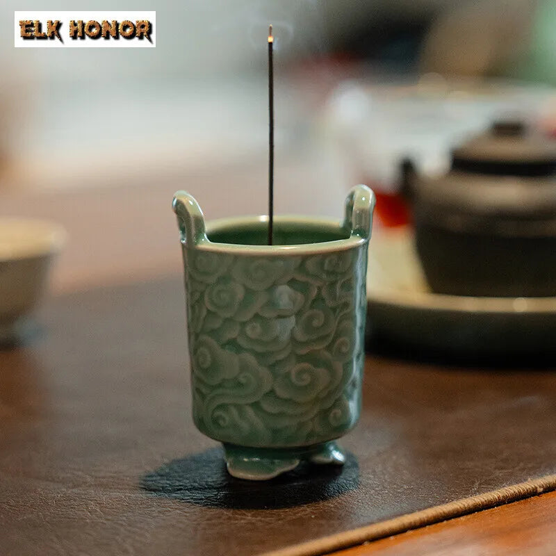 Yue Kiln Celadon Incense Burner Relief Cloud Tripod Art Agarwood Vertical Line Insert Seat Aromatherapy Furnace Home Decoration