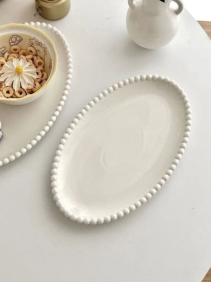 French Ins Ceramic Plates Home Pearl Edge Plates Western Cuisine Dish Home Breakfast Plates Steak Oval Household Tableware
