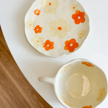 Flower Pattern Ceramic Cup Korean Style Saucer Set Hand Pinched Irregular Coffee Milk Cup Afternoon Tea Tableware Gifts for Home