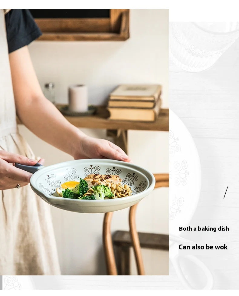 Ceramic Baking Pan Flat Bottomed Frying Pan  Wok Pan Fruit Plate with Handle Dinner  Dish Party Buffet Restaurant Cookware