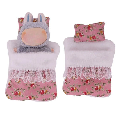 For 17cm Labubu Doll Accessories Sleeping Bag Cute Lace Style Doll Quilts Pillow Flower Strawberry Soft Doll Decoration Toys