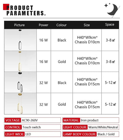 Modern LED Pendant Light Gold Black Minimalist Elliptical Pendant Lamp Living Room Dining Room Shop Bar Lighting Decoration