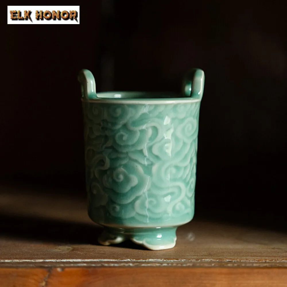 Yue Kiln Celadon Incense Burner Relief Cloud Tripod Art Agarwood Vertical Line Insert Seat Aromatherapy Furnace Home Decoration