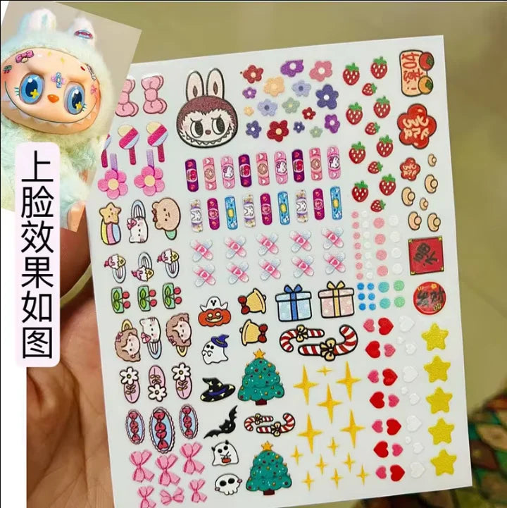 Sheet of colorful stickers with various designs on a white background