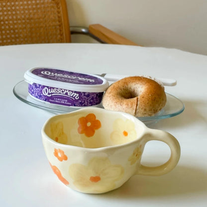 Ceramic Mugs Cute Hand Pinched Irregular Flower Heart Pattern Coffee Cup Ins Style Drinkware Kitchen Breakfast Milk Tea Cups