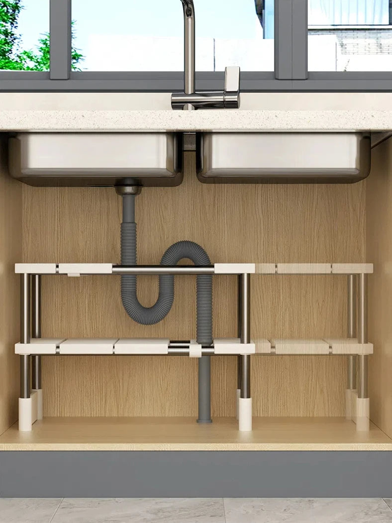Kitchen Rack Retractable Under Sink Shelf Cabinet 2 Layer Multipurpose Pot Rack Cabinet Layered Storage Rack Bathroom Organizer