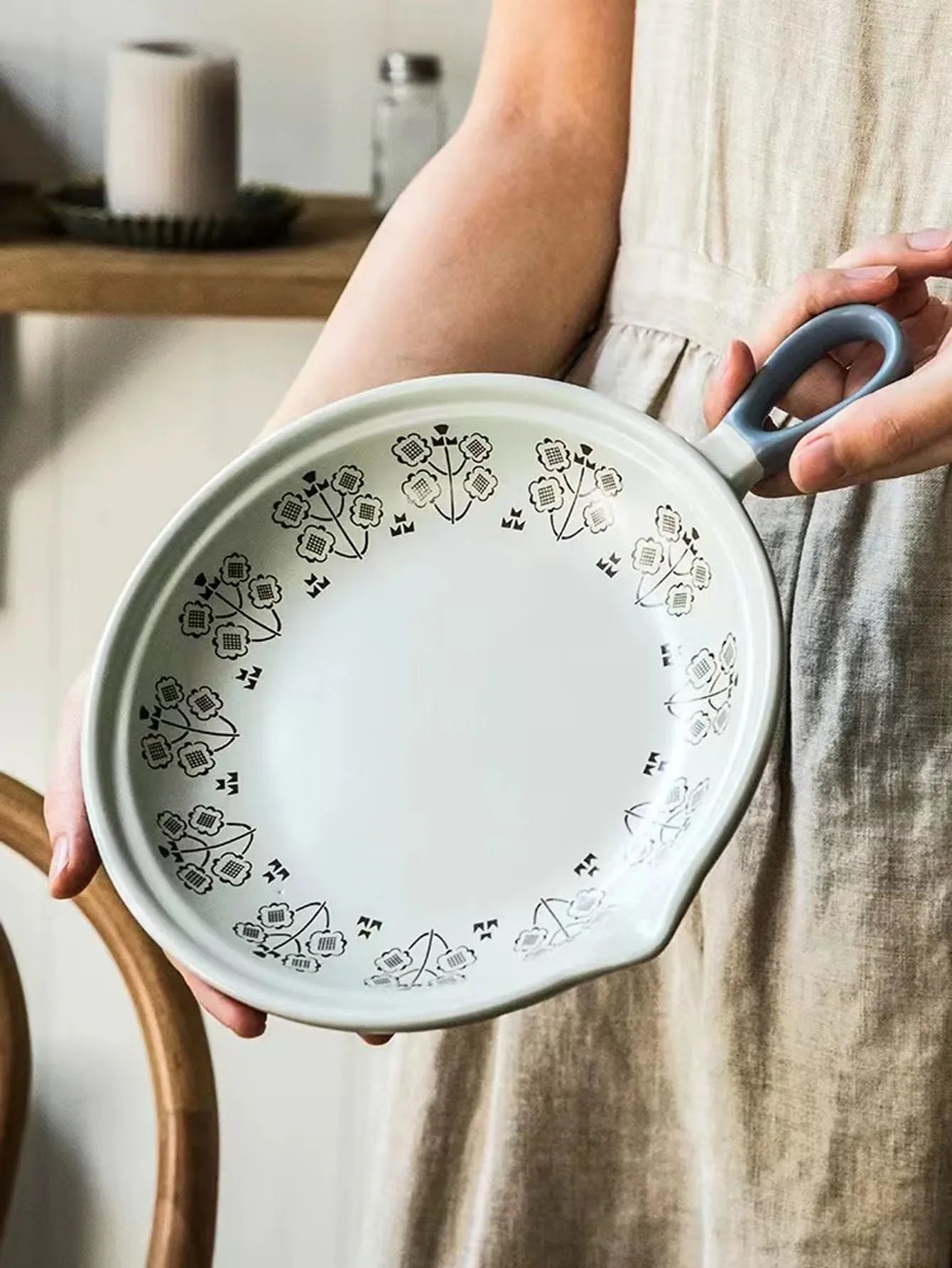 Ceramic Baking Pan Flat Bottomed Frying Pan  Wok Pan Fruit Plate with Handle Dinner  Dish Party Buffet Restaurant Cookware
