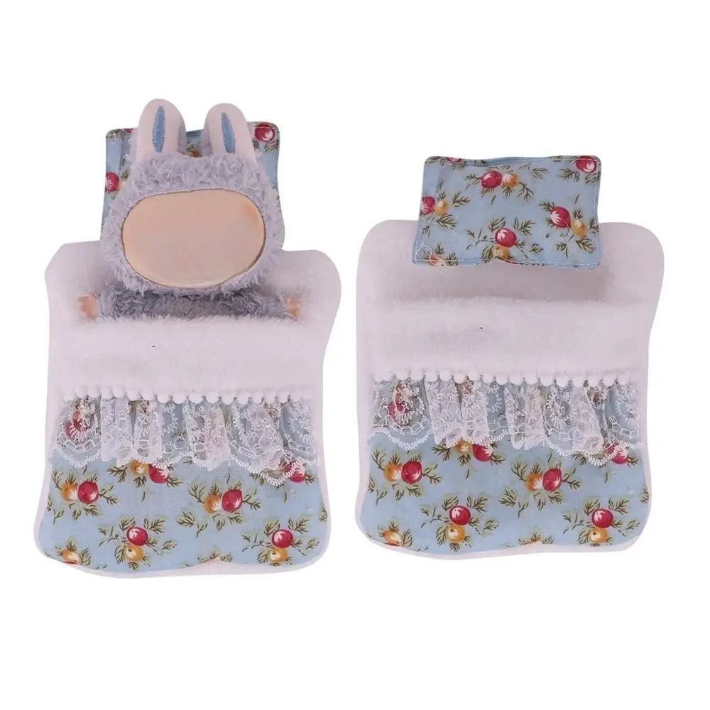 For 17cm Labubu Doll Accessories Sleeping Bag Cute Lace Style Doll Quilts Pillow Flower Strawberry Soft Doll Decoration Toys