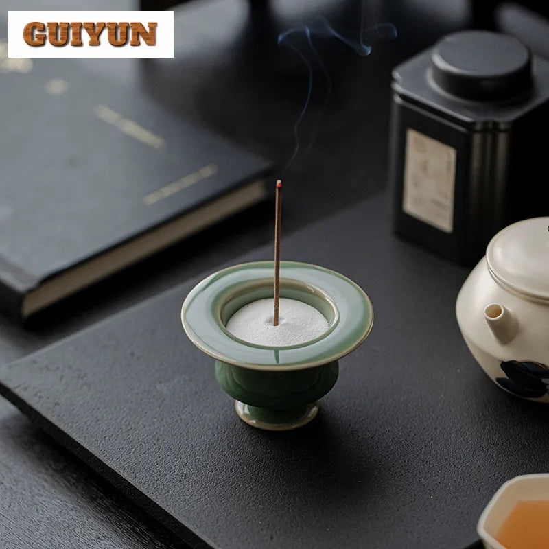 Yue Kiln Celadon Relief Incense Holder Diffuser Incense Burners Stand For Incense Aromatherapy Censer Tea Items Decoration Craft
