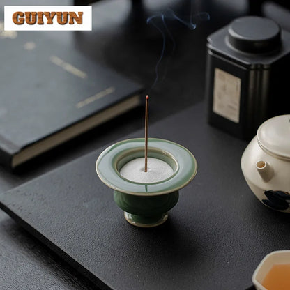 Yue Kiln Celadon Relief Incense Holder Diffuser Incense Burners Stand For Incense Aromatherapy Censer Tea Items Decoration Craft