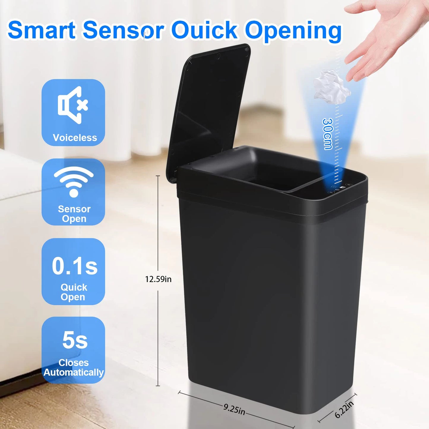 Bathroom Touchless Trash, 12L Motion Sensor-Activated Trash Can with Lid, Automatic Kitchen Trash for Office, Living Room, Bedroom