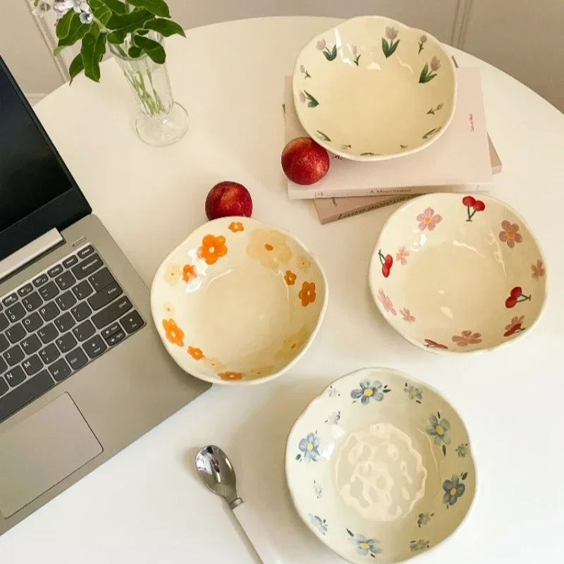 1PCS Ceramic Salad Bowl Hand Pinched Irregular Ins Korean Style Cream Yellow Yogurt Bowl Oatmeal Breakfast Plates Flower Bowl