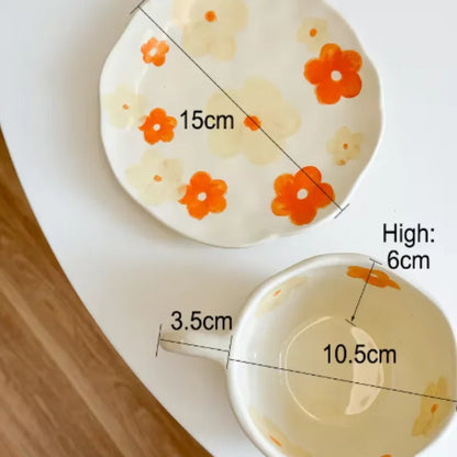 Flower Pattern Ceramic Cup Korean Style Saucer Set Hand Pinched Irregular Coffee Milk Cup Afternoon Tea Tableware Gifts for Home