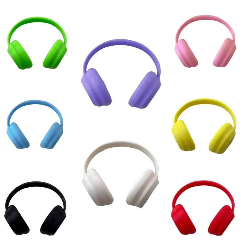 Colorful headphones displayed in a grid on a white background