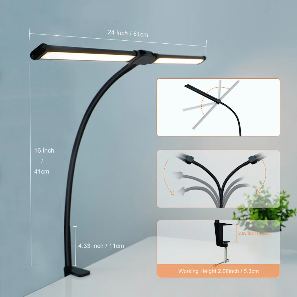 LED Desk Lamp Double Head Steoless Dimming Eye-Caring Home Reading Lights 3 Color Mode Flexible Adjustable PC Office Table Lamps