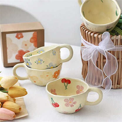 Ceramic Mugs Coffee Cups Hand Pinched Irregular Flower Milk Tea Cup Ins Korean Style Oatmeal Breakfast Mug Drinkware Kitchen