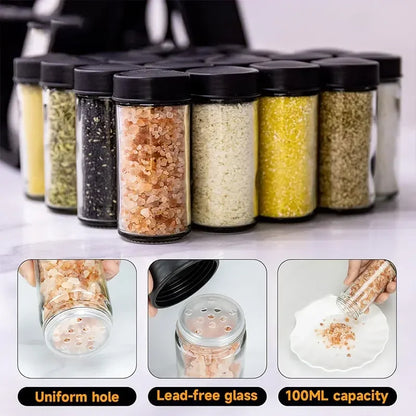 360° Rotating Spice Rack with 18 Glass Spice Jar Set Convenient Salt and Pepper Shakers Seasoning Organizer Kitchen Supplies