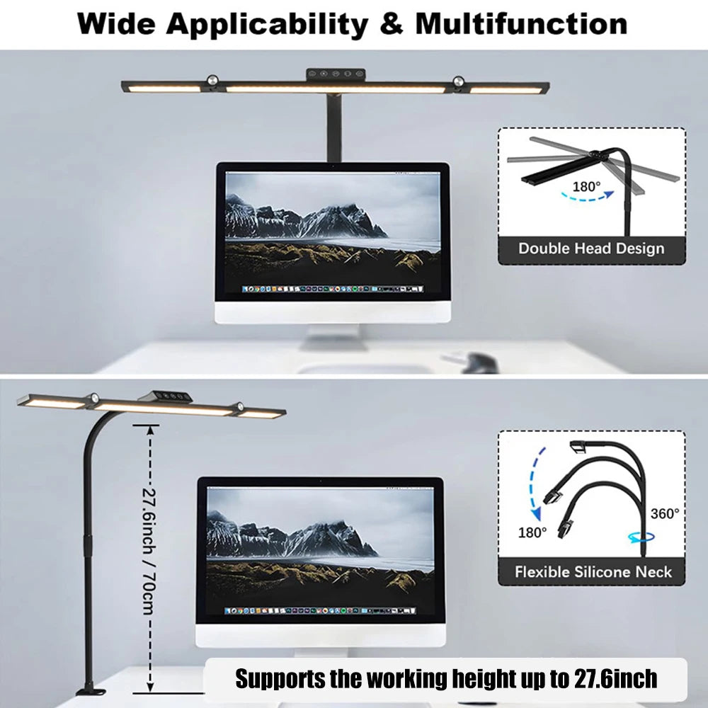 LED Desk Lamp Double Head Steoless Dimming Eye-Caring Home Reading Lights 3 Color Mode Flexible Adjustable PC Office Table Lamps