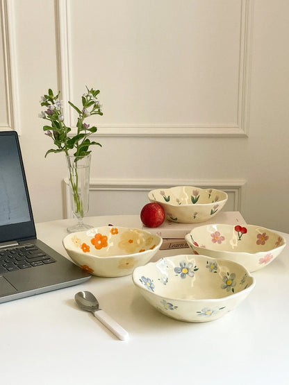 1PCS Ceramic Salad Bowl Hand Pinched Irregular Ins Korean Style Cream Yellow Yogurt Bowl Oatmeal Breakfast Plates Flower Bowl