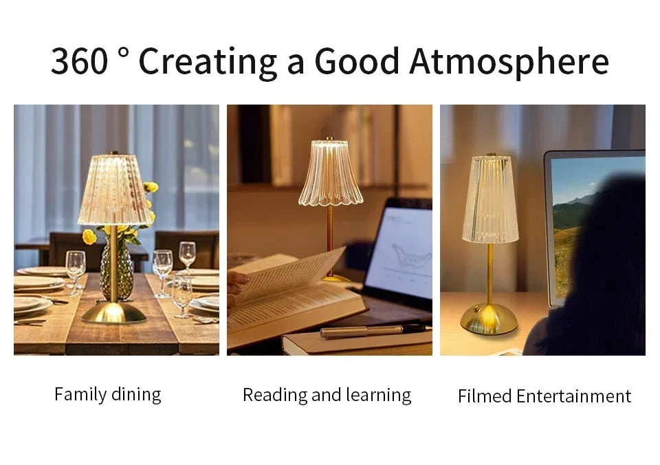 Rechargeable Crystal LED Table Lamp Touch Sensor Dimmable Desktop Nightlight Reading Lamp For Bar Hotel Restaurant Bedroom Decor